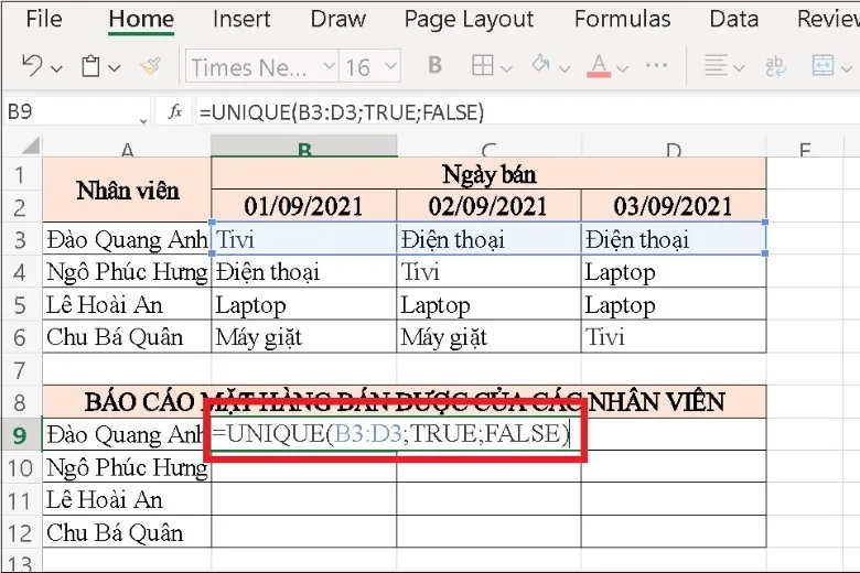 Cách sử dụng hàm UNIQUE trong Excel: Ứng dụng, hướng dẫn và ví dụ chi tiết