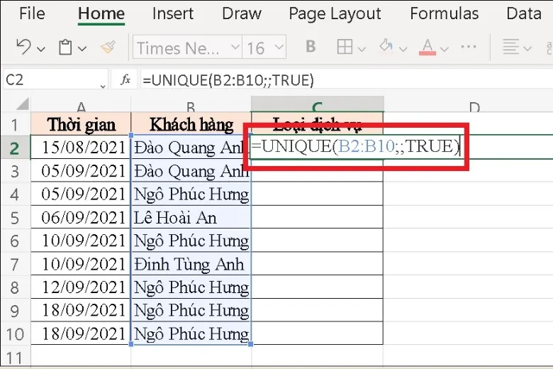 Cách sử dụng hàm UNIQUE trong Excel: Ứng dụng, hướng dẫn và ví dụ chi tiết