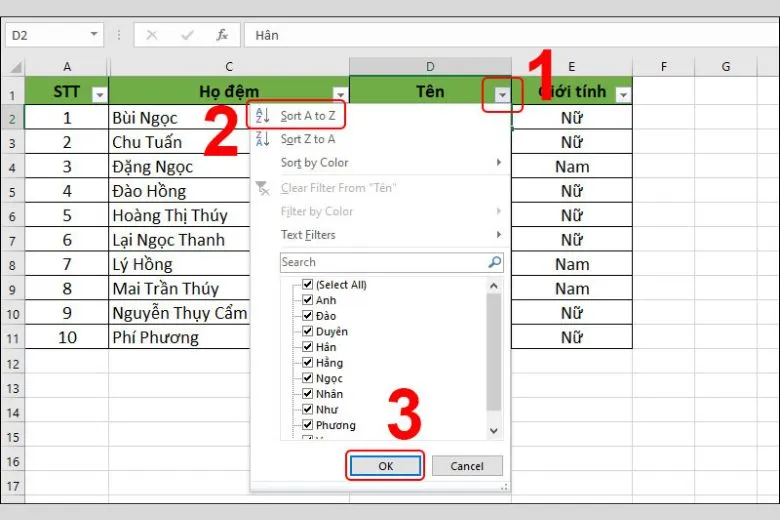 Hướng dẫn 2 cách sắp xếp tên theo thứ tự ABC trong Excel đơn giản khi lập danh sách