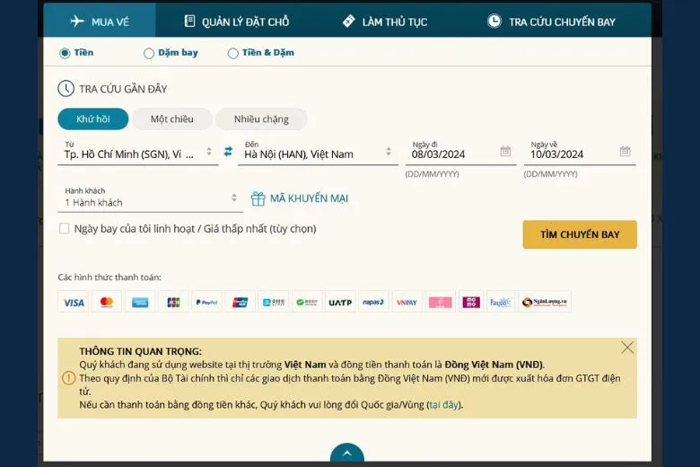 Hướng dẫn cách đặt vé máy bay Vietnam Airlines và thanh toán online tại nhà cực tiện lợi